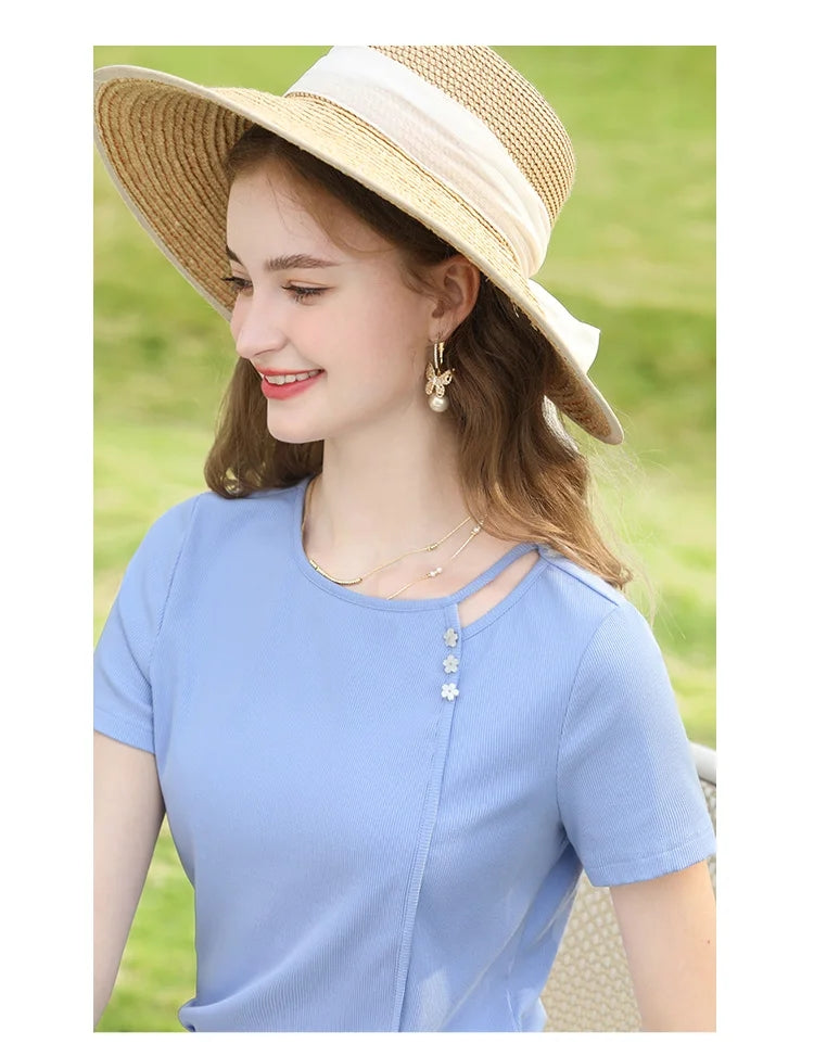 Women's Blue Knitted Short-sleeved T-shirt Slim Fit Slimming Top