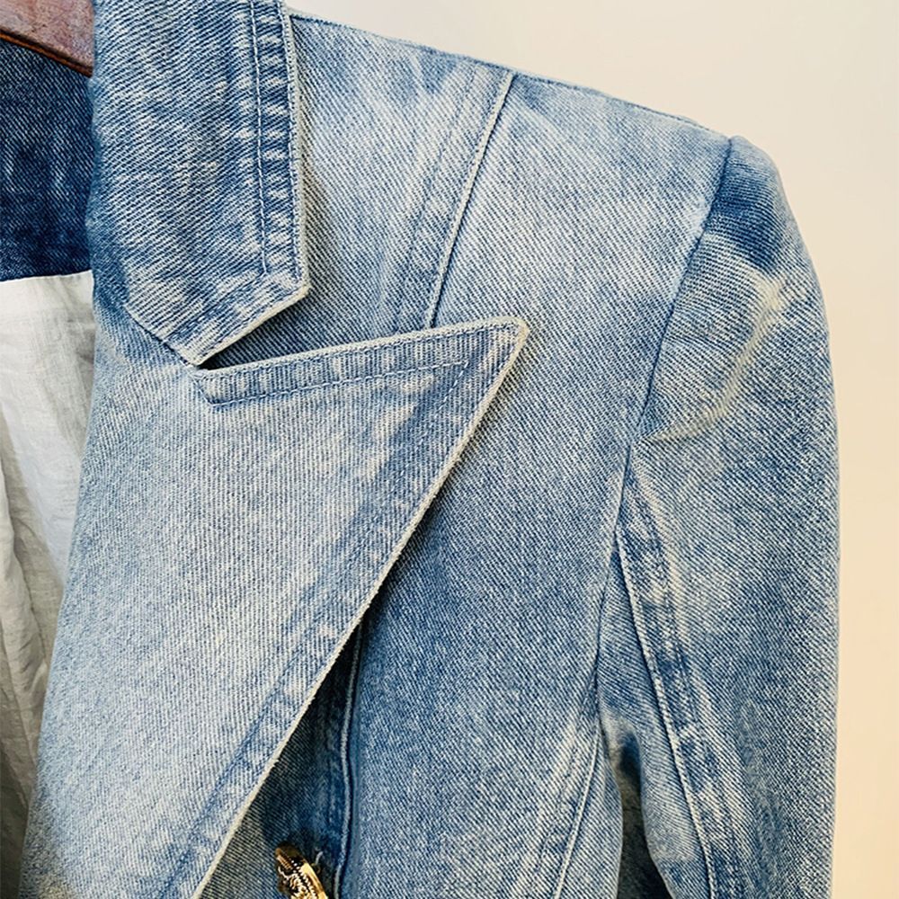 Veste de costume en jean slim à double boutonnage et boutons de lion pour femme