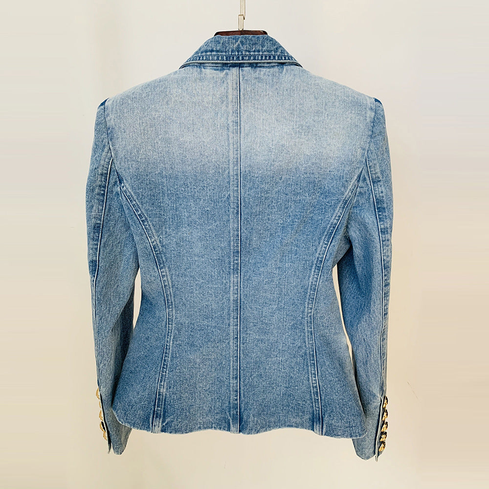 Veste de costume en jean slim à double boutonnage et boutons de lion pour femme