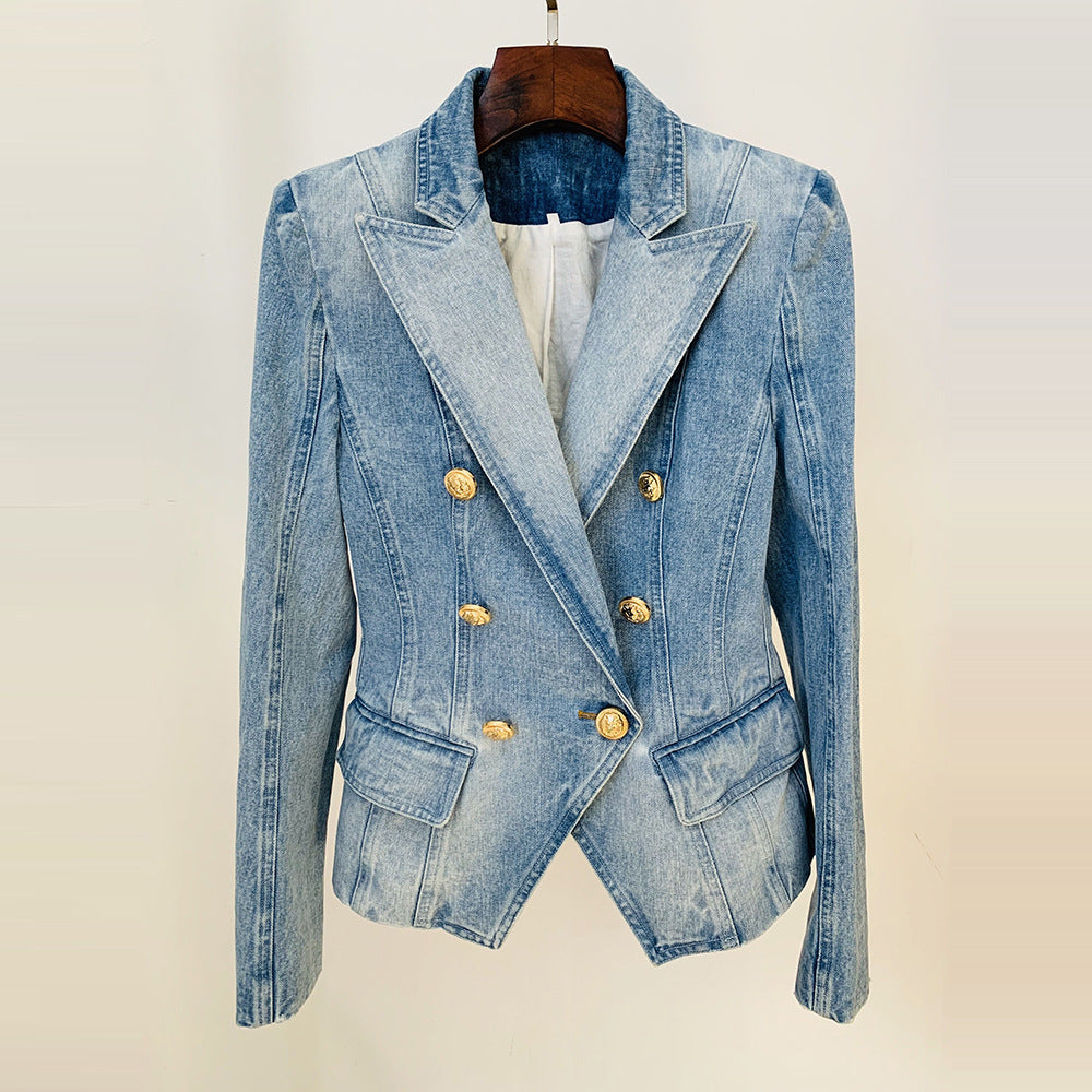 Veste de costume en jean slim à double boutonnage et boutons de lion pour femme