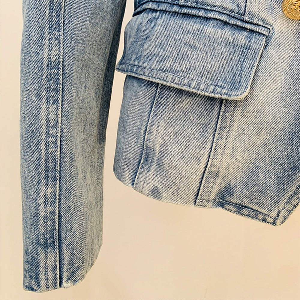 Veste de costume en jean slim à double boutonnage et boutons de lion pour femme