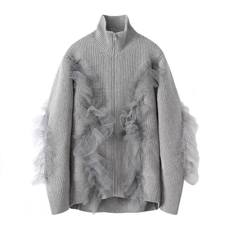 Autumn And Winter Women's Mesh Patchwork Stand-up Collar Knitted Cardigan Jacket