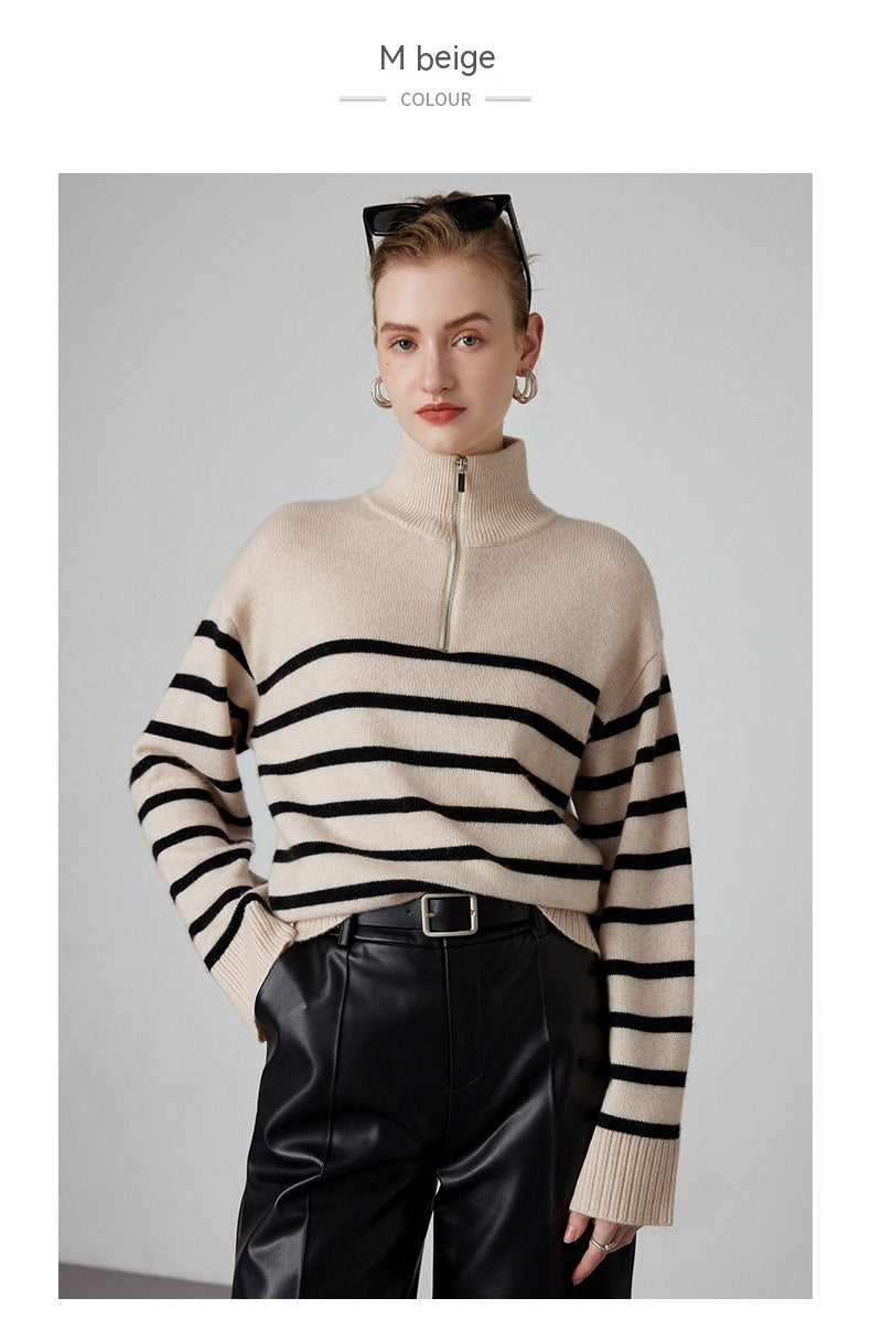 Women's Thick Black And White Striped Zipper Turtleneck Cashmere Sweater