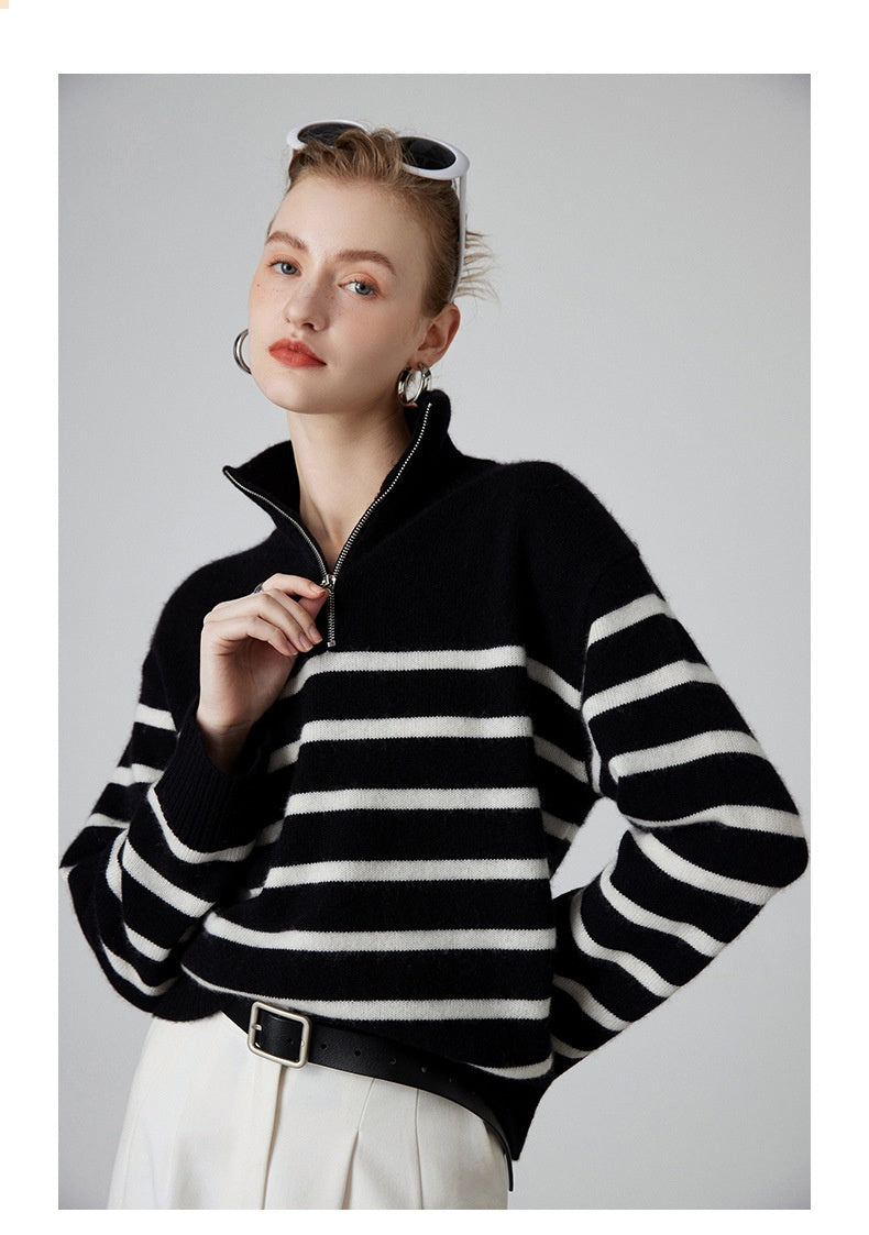 Women's Thick Black And White Striped Zipper Turtleneck Cashmere Sweater