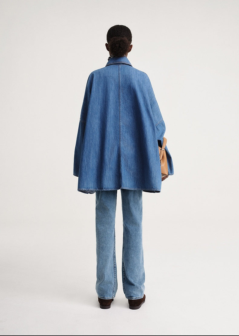 Cotton A- Line Style Drop-shoulder Mid-length Denim Coat