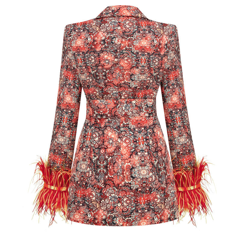 Women's V-neck Floral Cuff Feather Dress And Coat