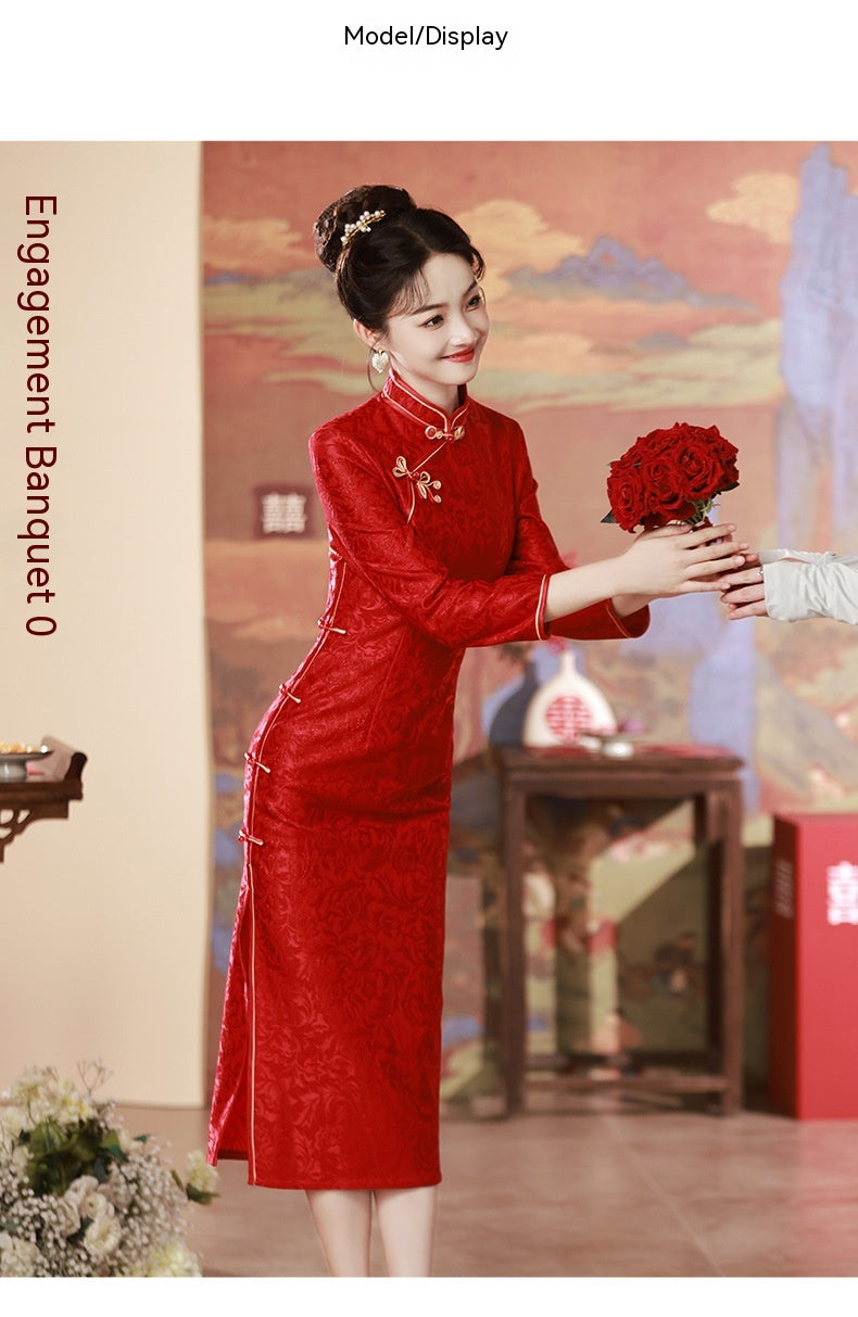 Three Composite Red Bridal Toast Dress Long Slim-fit Annual Meeting Cheongsam