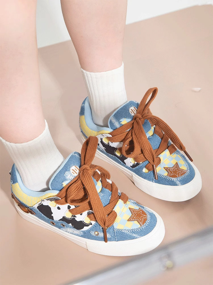 Cow Patterned Denim Canvas Patchwork Board Shoes