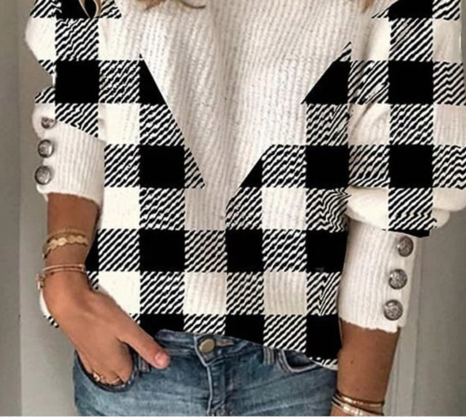 Europe and America Women's Plaid Lapel Knit Fashion Top