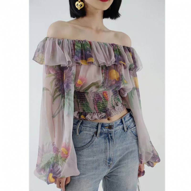 Colored Lantern Sleeve Off-Shoulder Long Sleeve Shirt