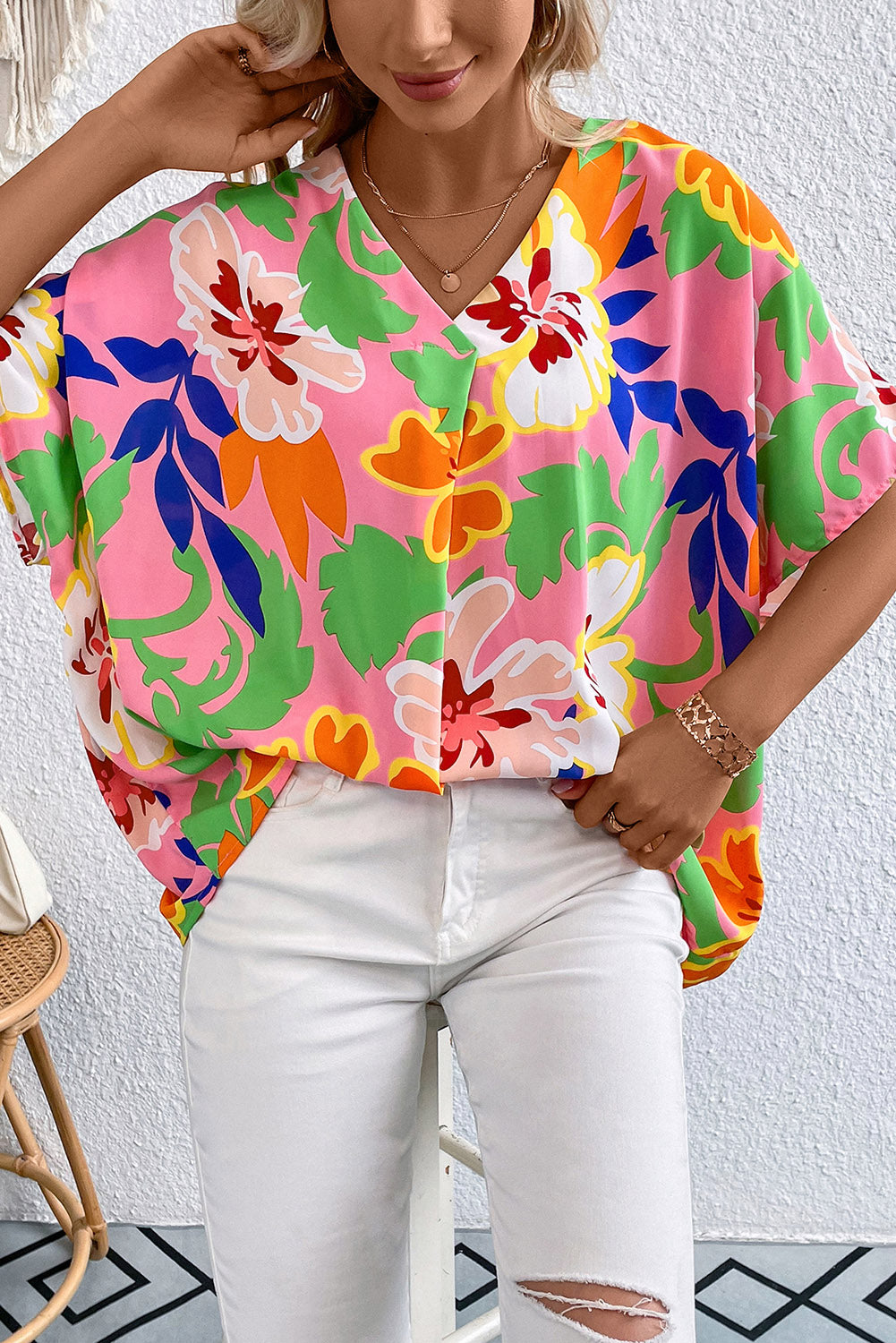 Floral Print V-Neck Short Raglan Sleeve Blouse