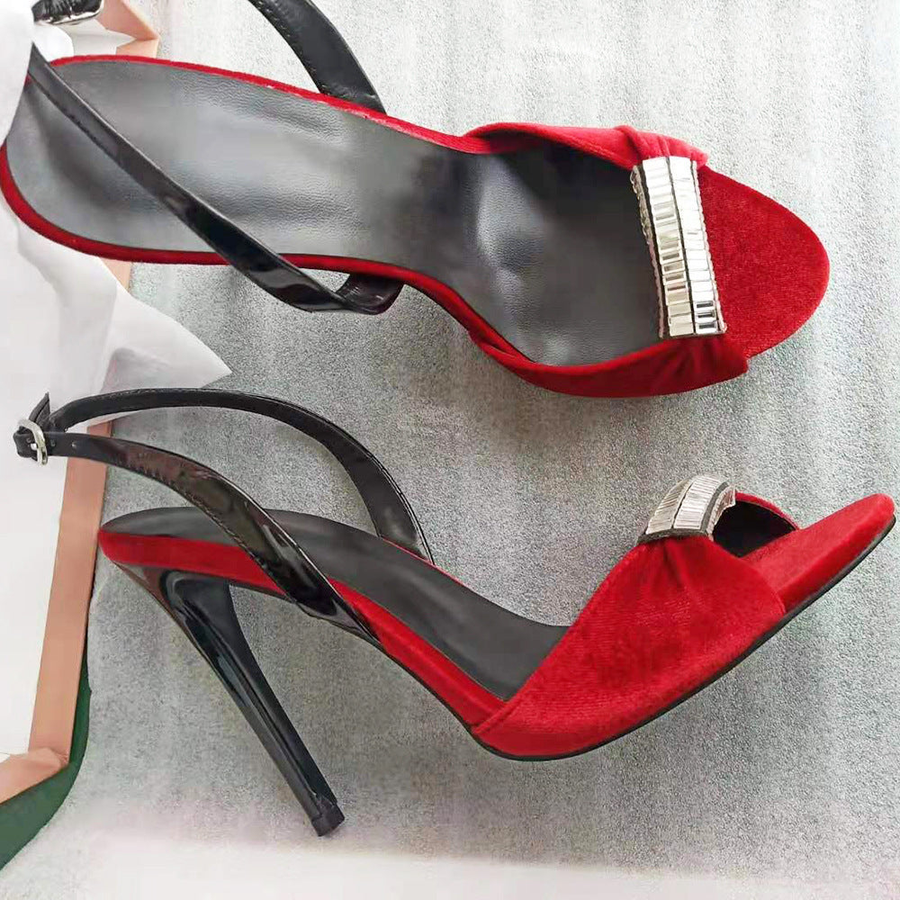 Sandales européennes et américaines à talons super hauts avec strass en velours noir et rouge