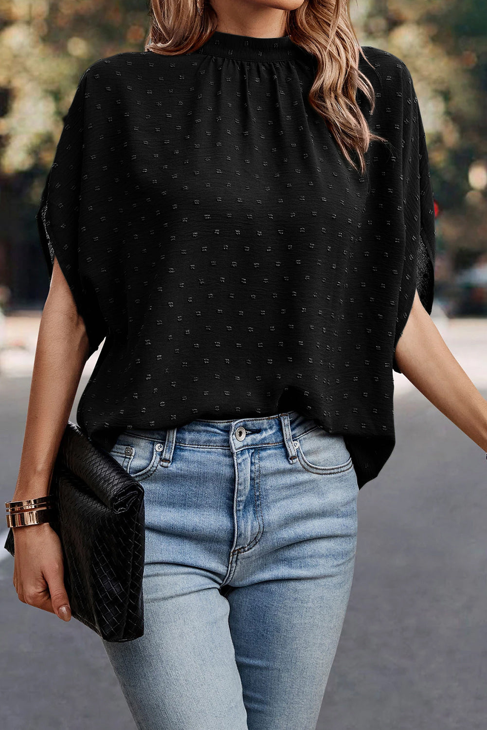 Black Swiss Dot Mock Neck Batwing Sleeve Blouse