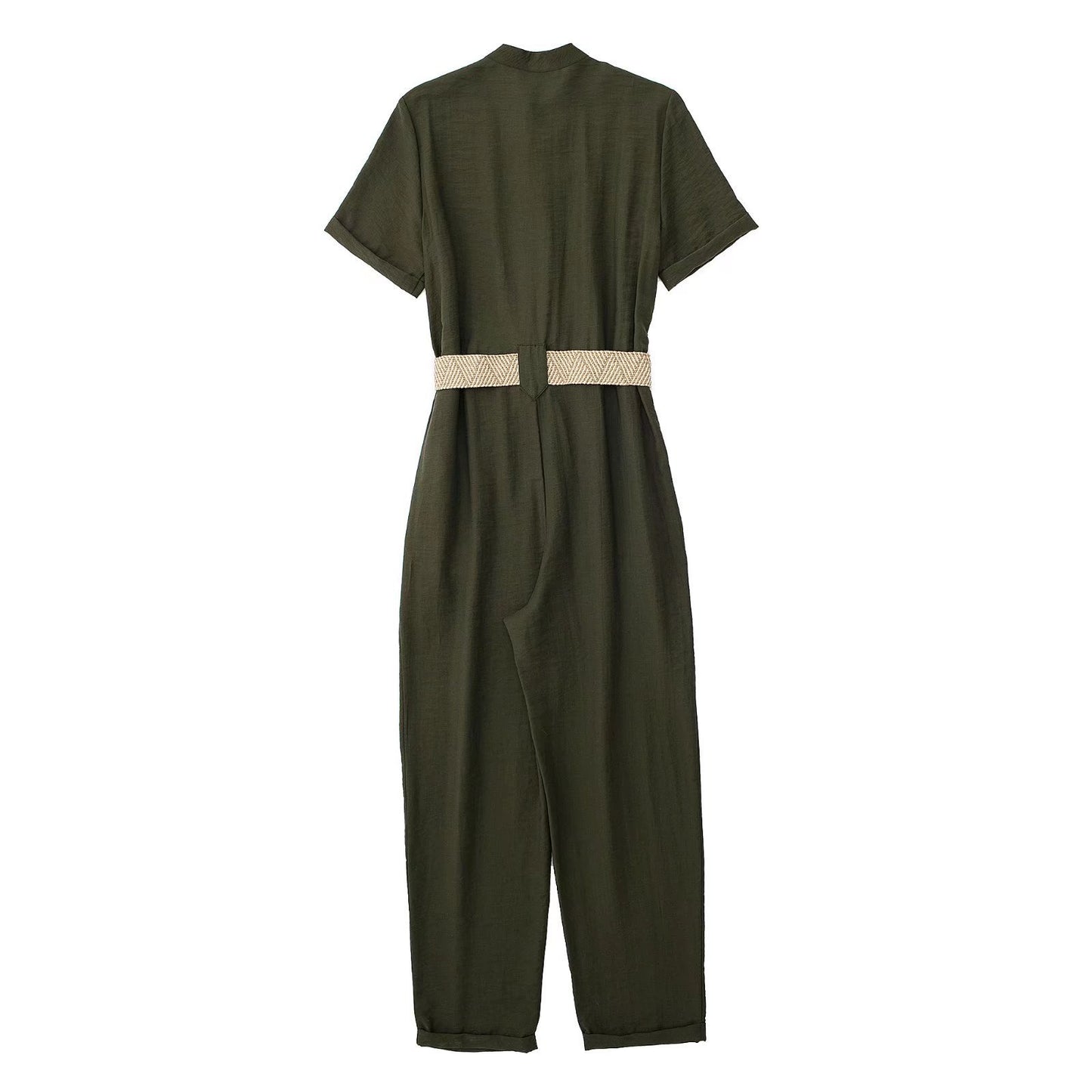 Women's Fashion Lapel Belted Cargo Jumpsuit