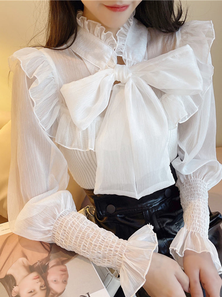 Women's Solid Color Sweet Lace Bow Shirt