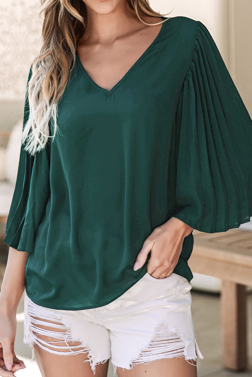 Blackish Green 3/4 Pleated Bell Sleeve V Neck Blouse