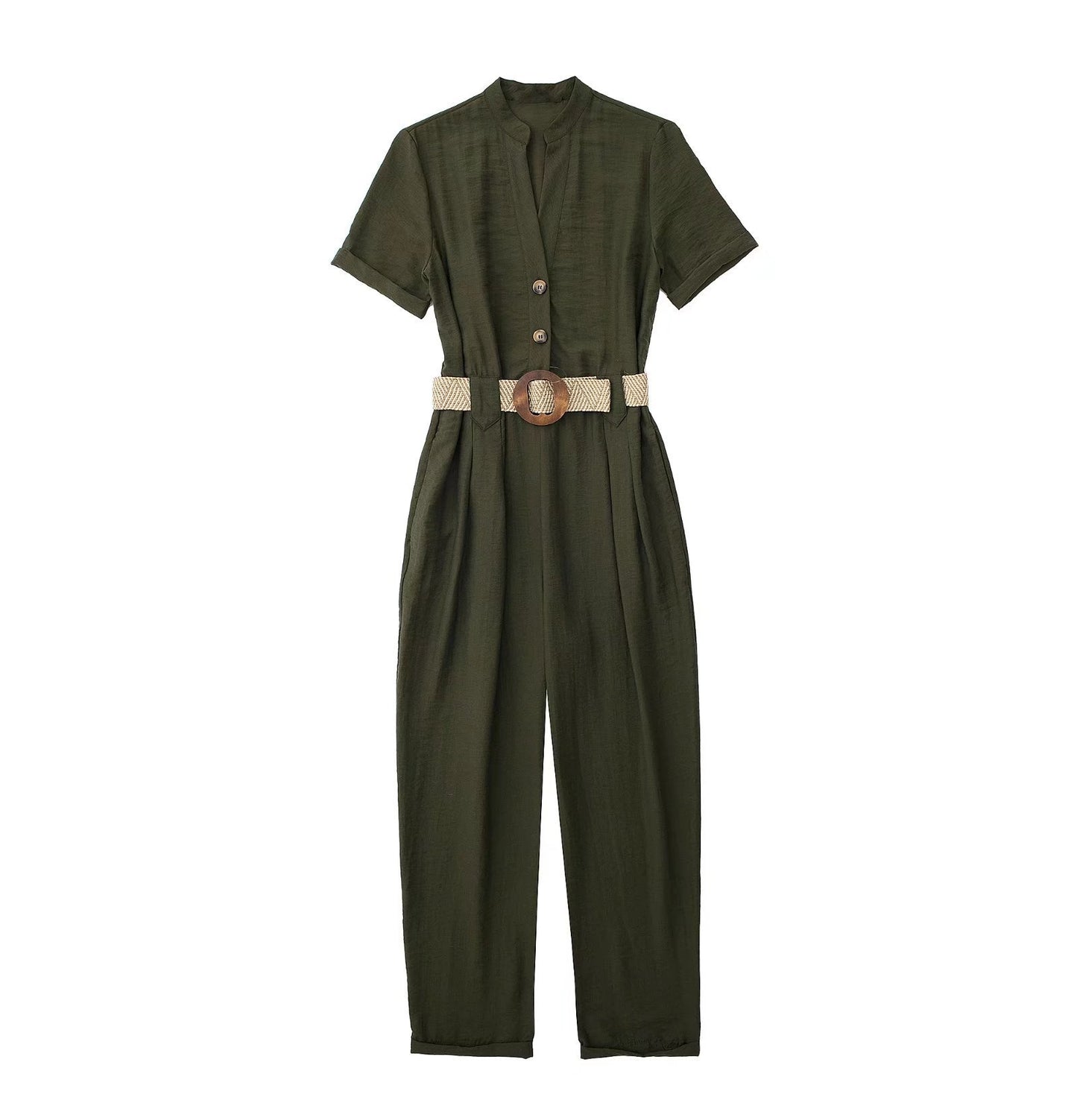 Women's Fashion Lapel Belted Cargo Jumpsuit