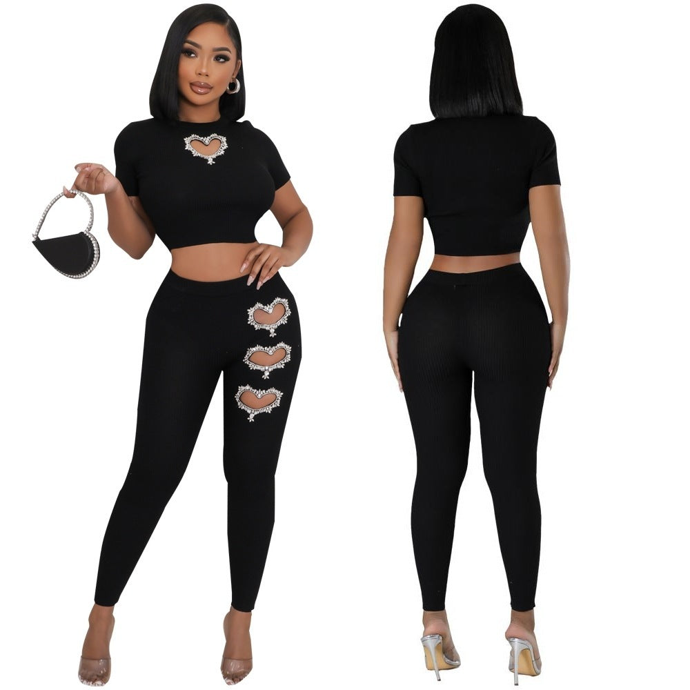 Women's Fashion Rhinestone Short-sleeved Trousers Casual Suit