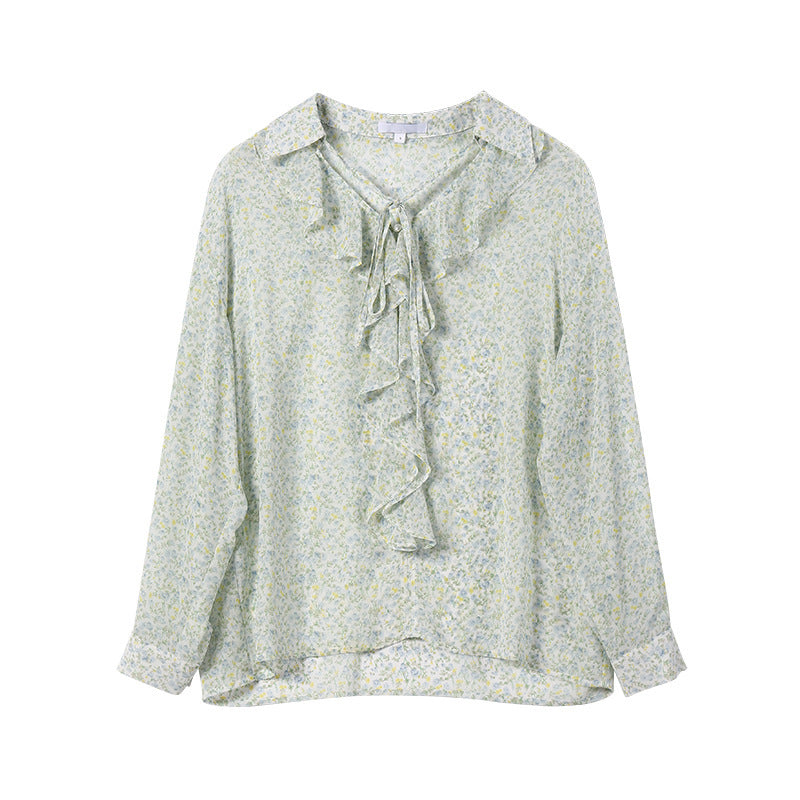 Women's Lapel Streamer French Floral Shirt