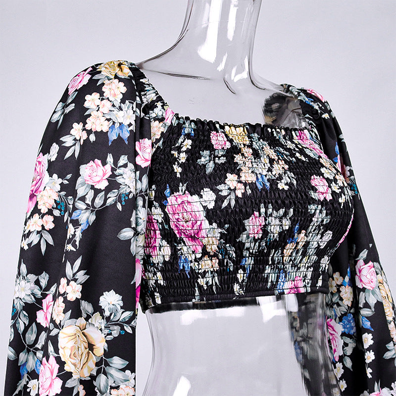 Women's Floral Flared Sleeve Tie Pleated Cropped Crop Top