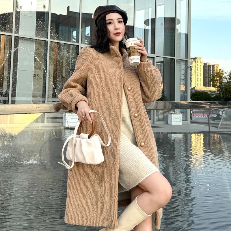 Thickened Long Section Stand Collar Faux Lamb Plush Fur Integrated Fur Environmental Protection Leather Women's Coat