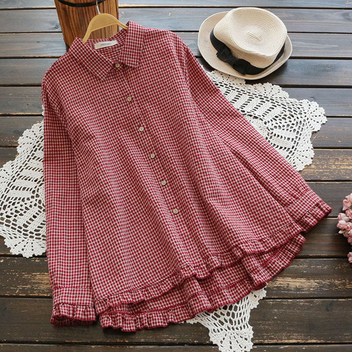 Cotton And Linen Ruffled Plaid Lapel Long-sleeved Shirt