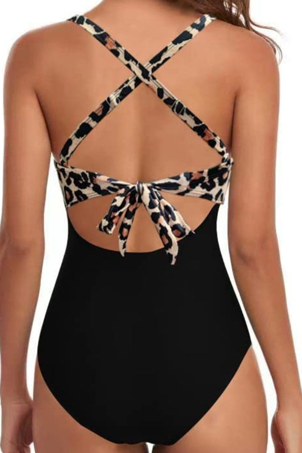 Monokini dos nu à découpes croisées 2 tons léopard noir