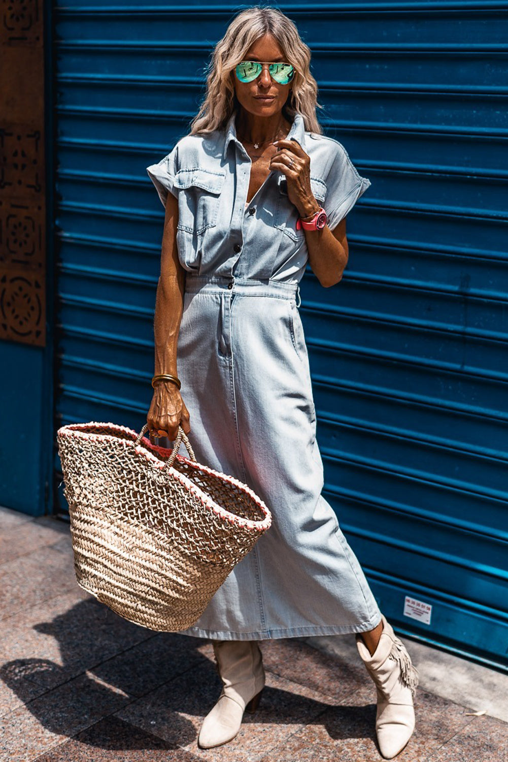 Robe en jean courte à manches chauve-souris Beau Blue