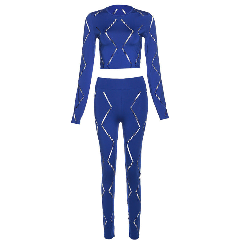 Women's Hollow-out Ripped High Waist Tight Pants Casual Sports Suit