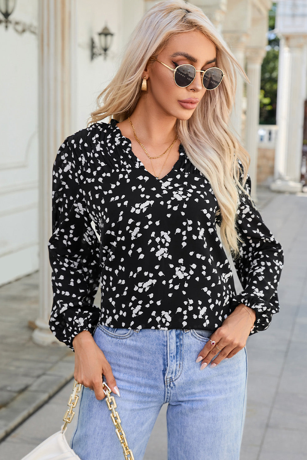 Blusa fruncida con cuello con muescas y estampado de Double Take