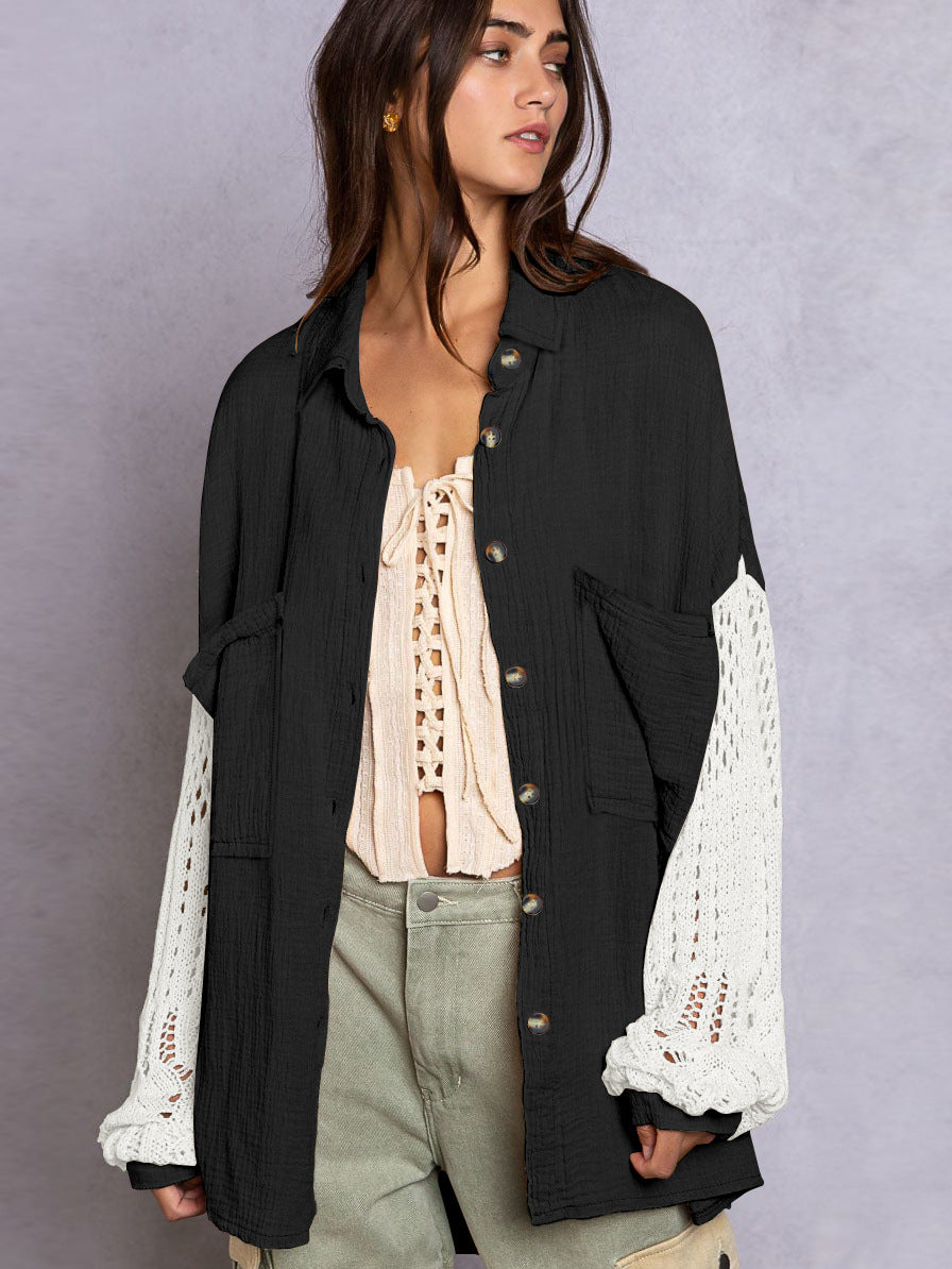 Women's Lace Stitching Crepe Shirt