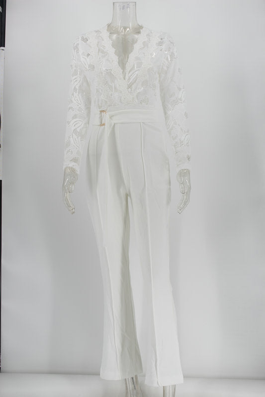 Women's Long Sleeve Lace White Jumpsuit