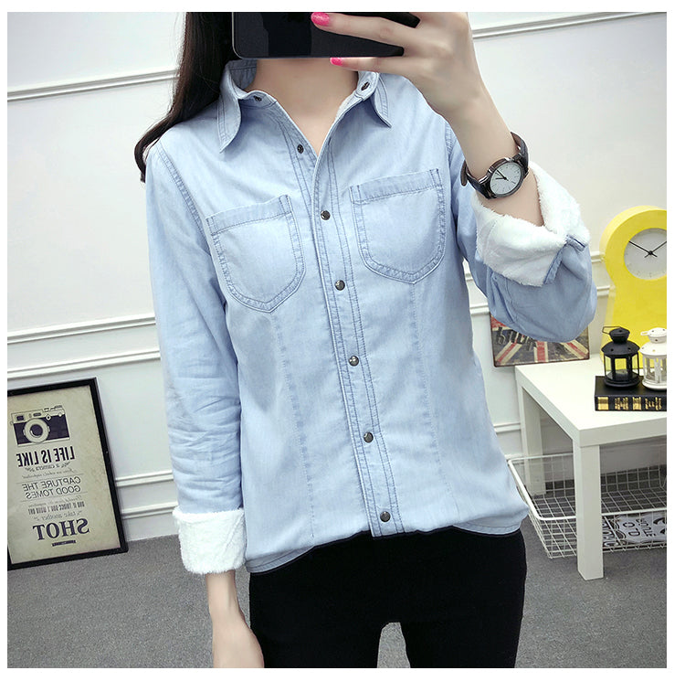 Fashionable warm Plush denim shirt long sleeve coat