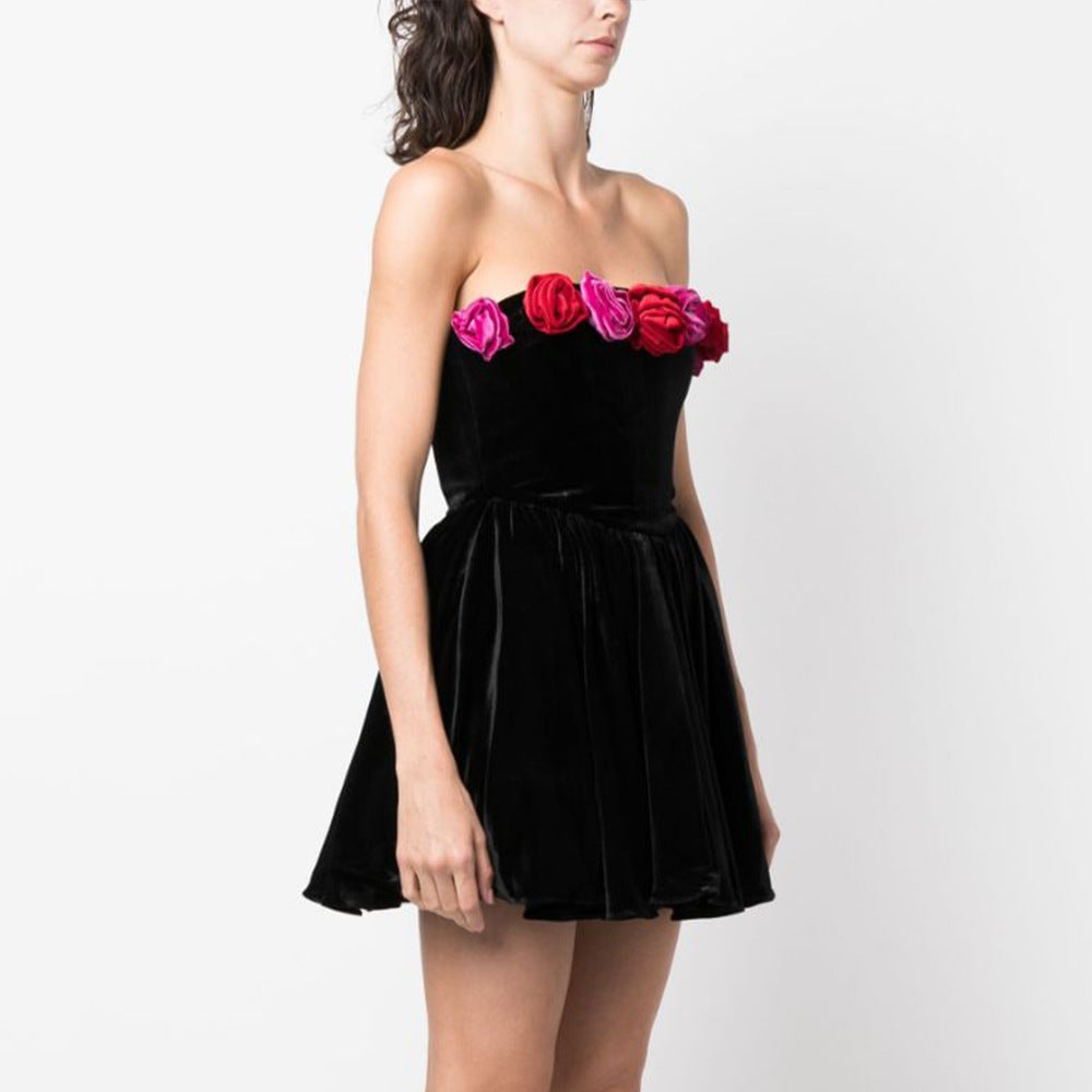 Women's Tube Top Flower Decoration Contrasting-color Dress