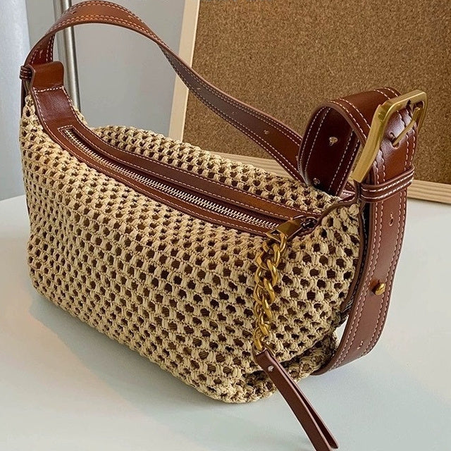 Sac en paille pour femme, sac tissé en raphia et cuir de vachette, première couche, été