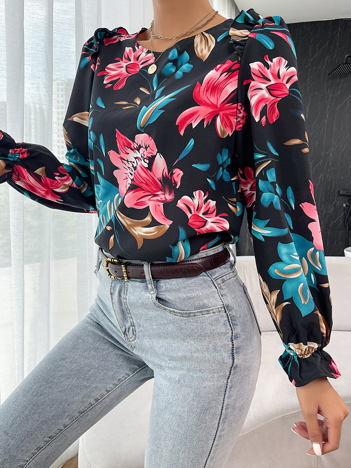 Blusa con volantes y hombros descubiertos con estampado floral