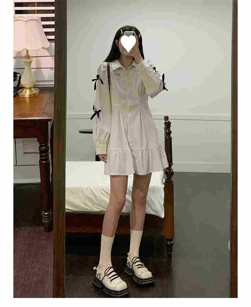 Bow Shirt Dress Women Polo Collar White Long Sleeve Short Dress