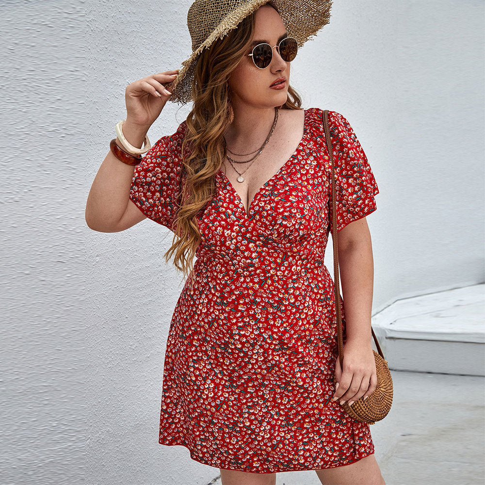 V-neck Small Floral Beach Vacation Home Leisure Dress