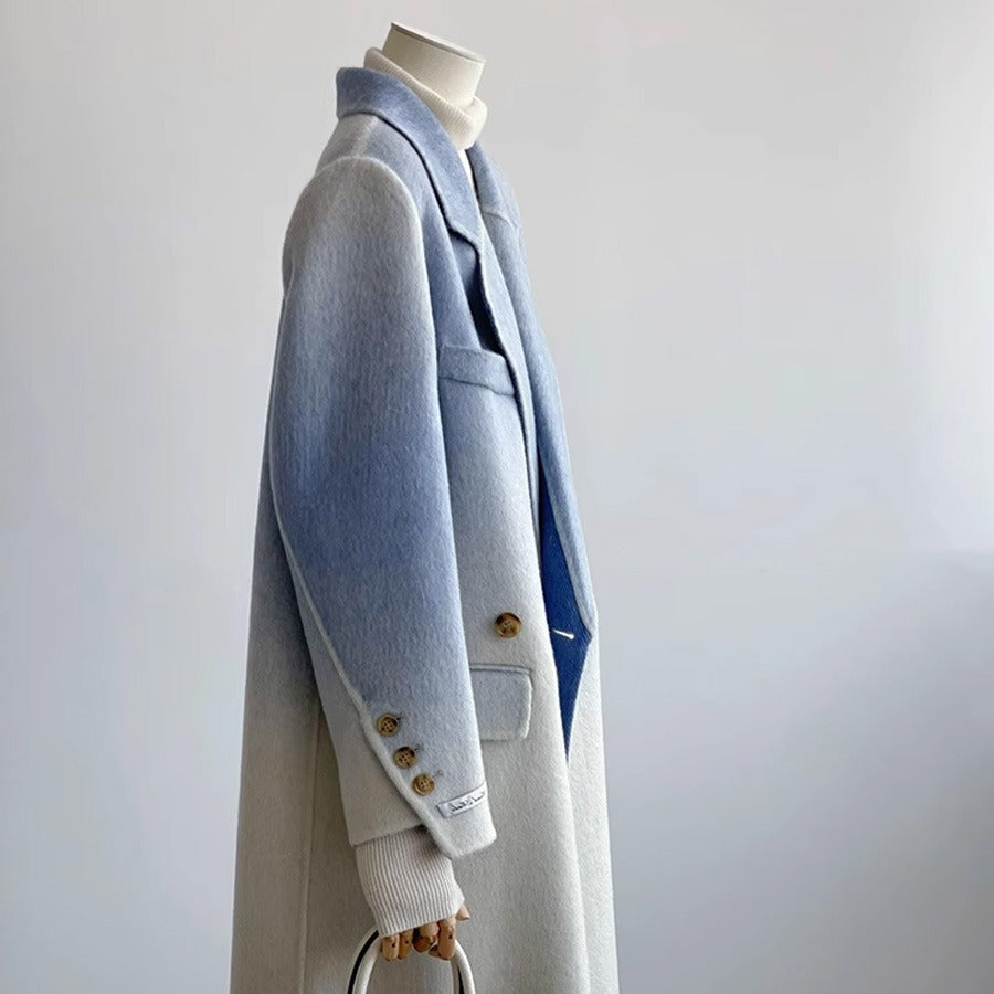 Double-faced Woolen Goods Shoulder Elegant Blue Gradient White Coat Coat