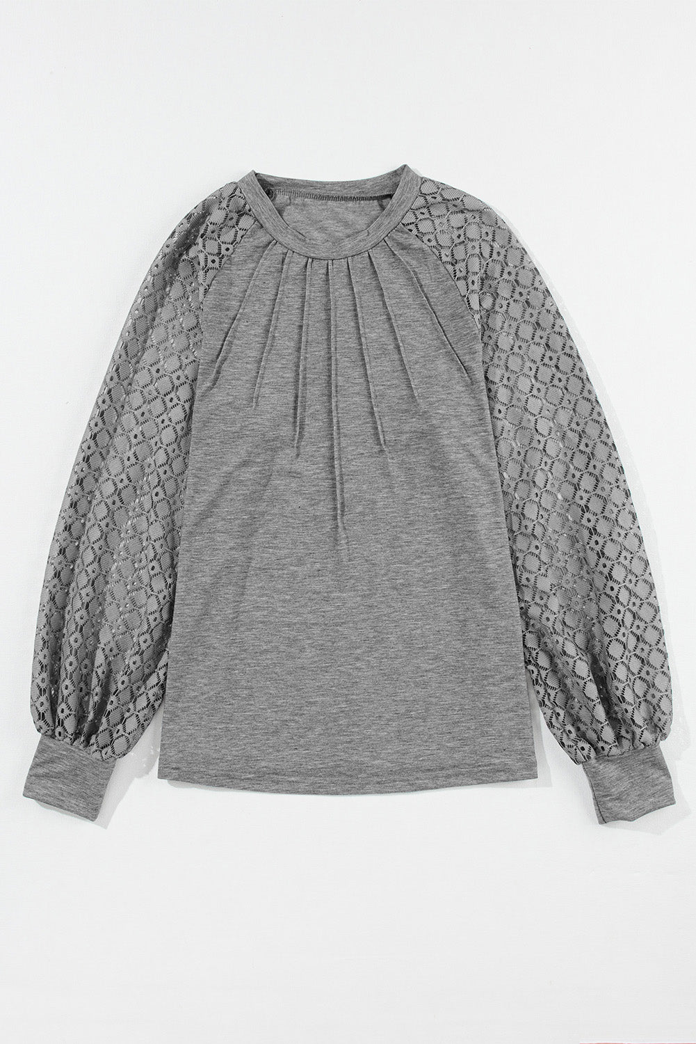 Haut en tricot plissé gris à manches raglan et dentelle contrastée