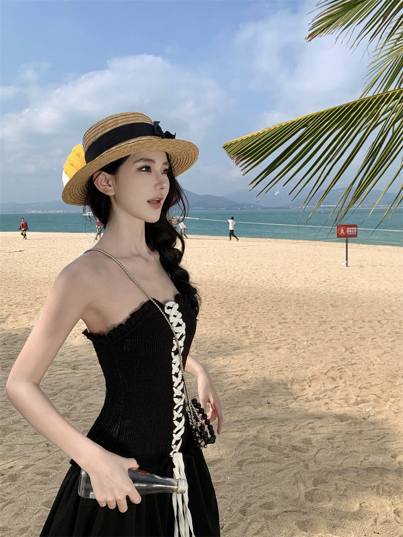 Travel Photos Black Chest Strap Smocking Strapless Dress