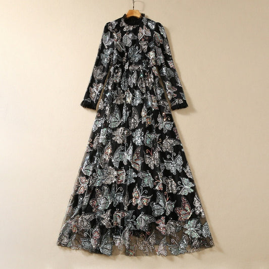 Colorful Sequined Butterfly Pattern Wide Hem Long Sleeve Dress