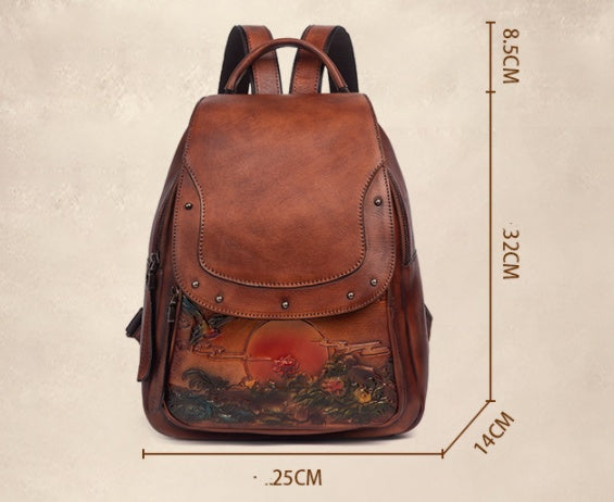 The First Layer Cowhide Retro Embossed And Polished Color Personalized Ladies Backpack