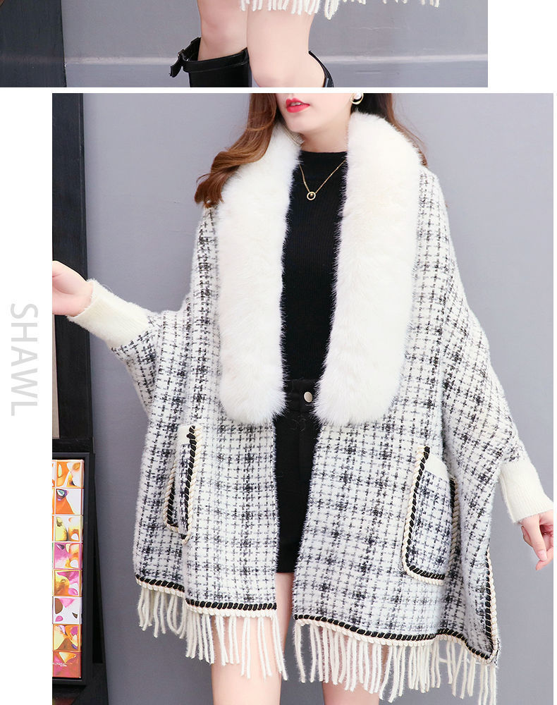 Autumn And Winter New Imitated Mink Cashmere Fur Collar Cape And Shawl Plus Size Tassel Knitted Cardigan