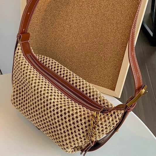 Sac en paille pour femme, sac tissé en raphia et cuir de vachette, première couche, été