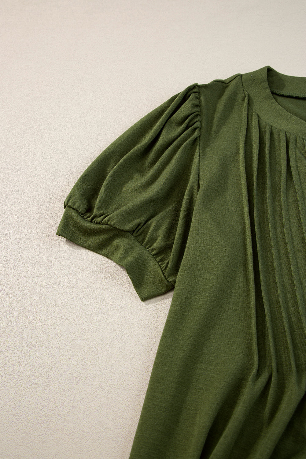 Fern Green Notched Neck Pleated Puff Sleeve Shift T-shirt Dress