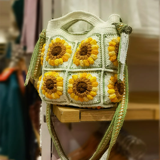 Sac à bandoulière en laine crocheté à la main à double usage, joli sac à main tissé à la main en tournesol pour femme