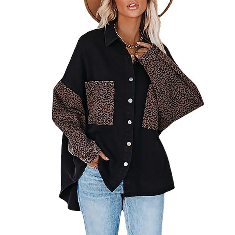 European And American Long-Sleeved Pocket Leopard Print Lapel Cardigan Top