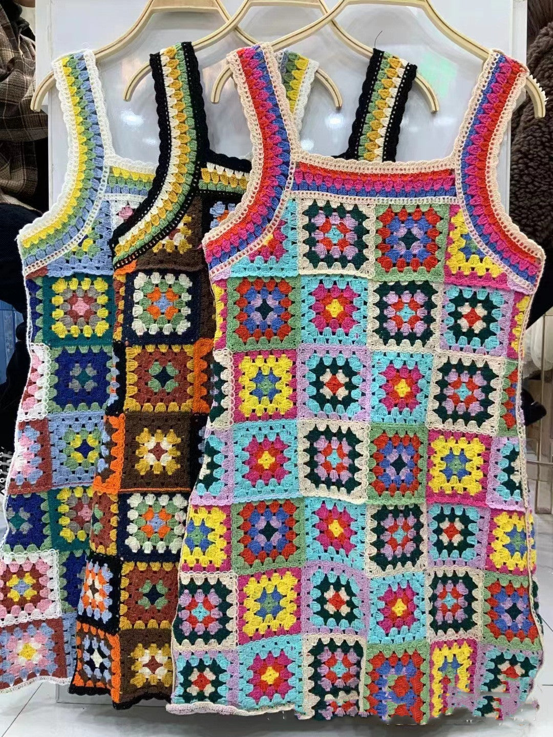 Robe à bretelles découpée au crochet, couleur contrastée, style ethnique, industrie lourde