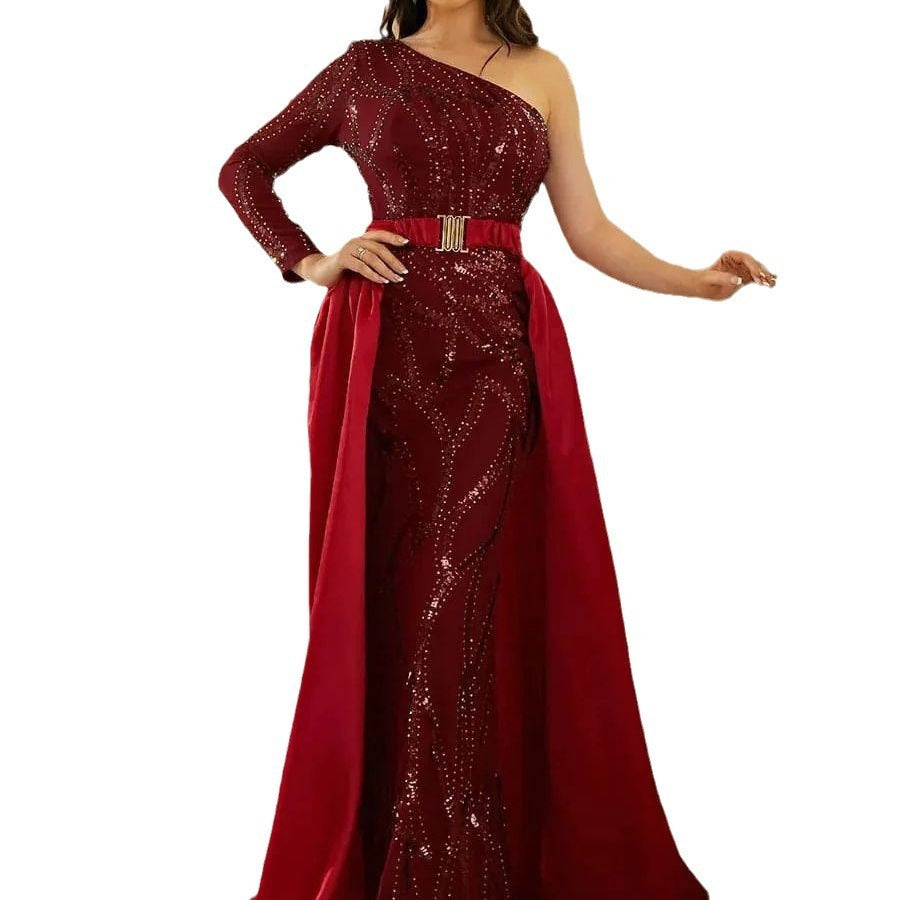 Robe de banquet rouge taille moyenne à paillettes pour femmes, couleur unie